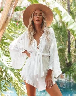 VINT-001 Melania Pocketed Tie Front Eyelet Romper - White - LAST CHANCE