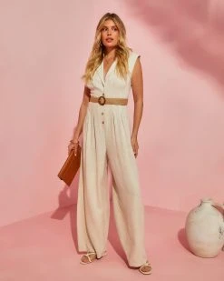 MUST-001 Merced Wide Leg Belted Jumpsuit - Oatmeal