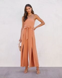 OLIA-001 Nadia Strapless Slit Jumpsuit - Clay