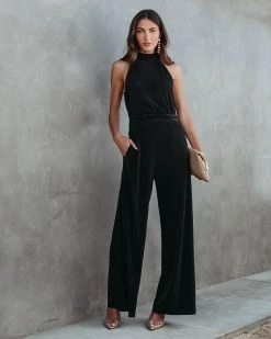 FATE-001 Naya Pocketed Plisse Jumpsuit - Black - FINAL SALE