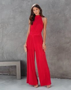 FATE-001 Naya Pocketed Plisse Jumpsuit - Red - FINAL SALE