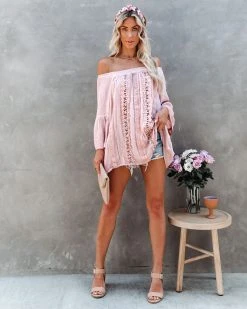 Pol Clothing Inc. Pisces Crochet Lace Off The Shoulder Tunic - Ginger