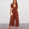 HYFV-001 Portofino Breeze Cotton Puff Sleeve Cutout Jumpsuit - Chocolate