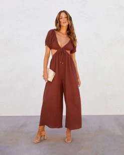 HYFV-001 Portofino Breeze Cotton Puff Sleeve Cutout Jumpsuit - Chocolate