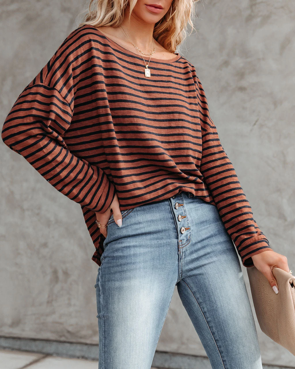 FLAW-001 Raelle Cotton Blend Striped Top - Brown Navy - FINAL SALE - Image 9