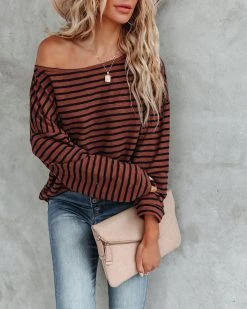 FLAW-001 Raelle Cotton Blend Striped Top - Brown Navy - FINAL SALE