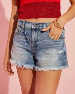 HIDD-002 Moody Dark Wash Mid Rise Distressed Frayed Shorts