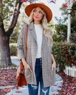 VERY-001 Raine Pocketed Houndstooth Knit Blazer - Camel - FINAL SALE