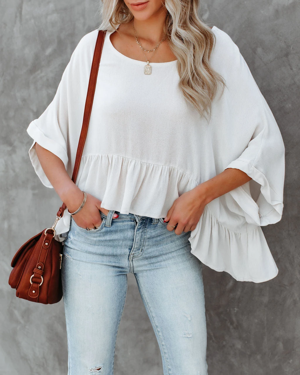 MIOU-001 Raisa Relaxed Peplum Top - Stone - FINAL SALE - Image 7