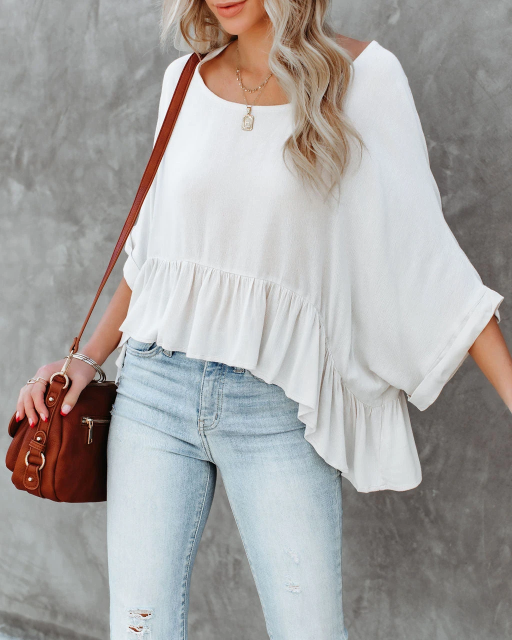 MIOU-001 Raisa Relaxed Peplum Top - Stone - FINAL SALE - Image 3