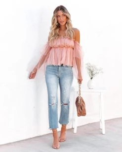 ON T-001 Renley Off The Shoulder Tulle Blouse - Blush - FINAL SALE