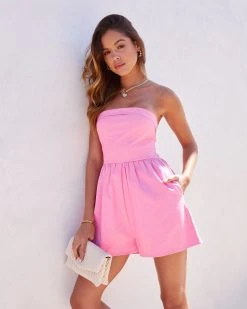 MAY -001 Sadie Cotton Strapless Pocketed Romper - Pink