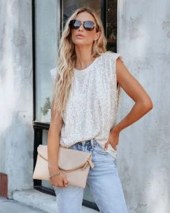 ENDL-001 Shine On Sequin Padded Shoulder Top - FINAL SALE