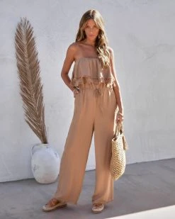 GILL-001 Shore Thing Babe Strapless Pocketed Frayed Hem Jumpsuit - Mocha