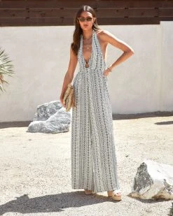 PROM-001 Simone Halter Printed Pocketed Jumpsuit