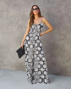 A PE-001 Tracy Printed Pocketed Wide Leg Jumpsuit
