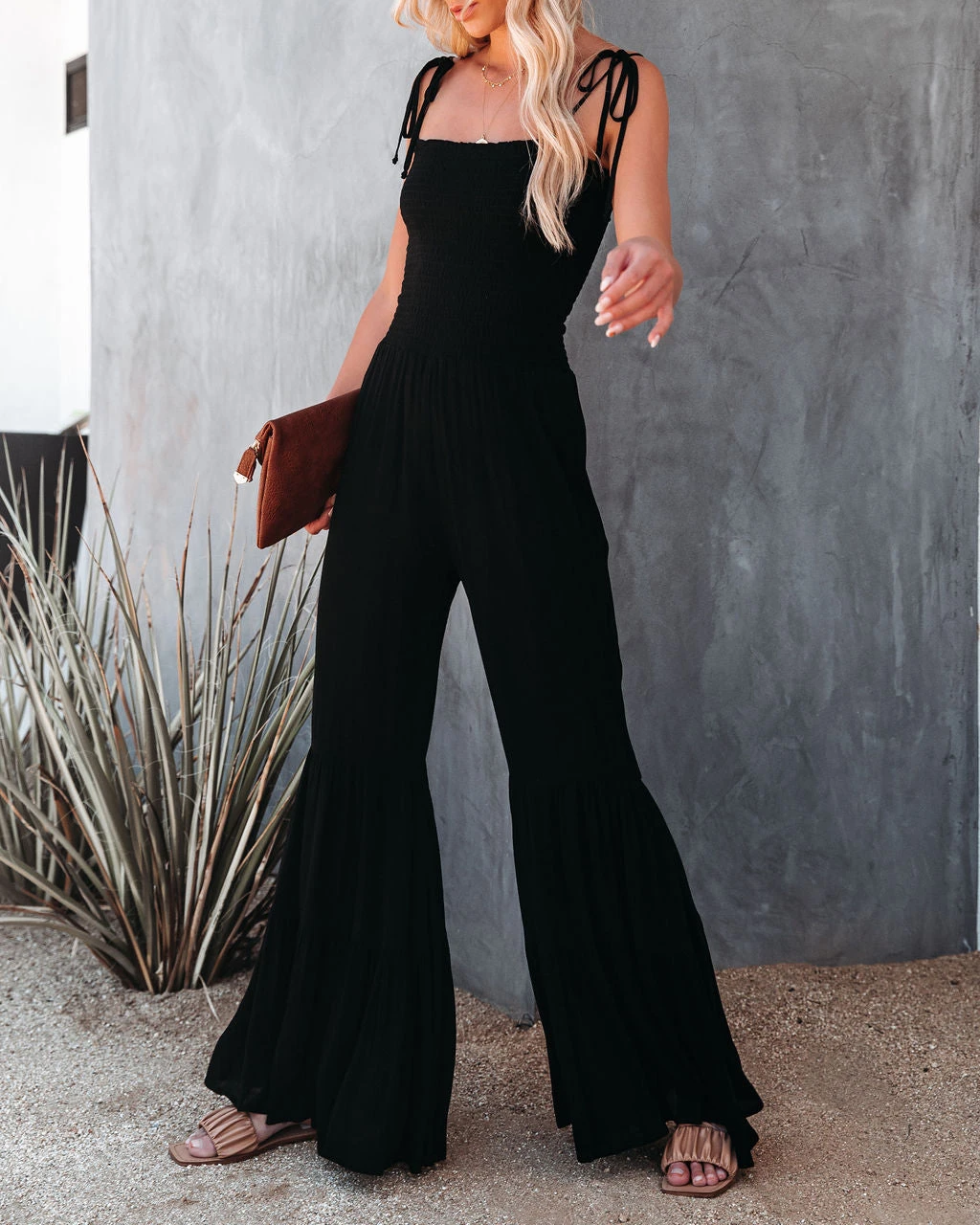 STOR-001 Sirius Smocked Bell Bottom Jumpsuit - Black - FINAL SALE - Image 3