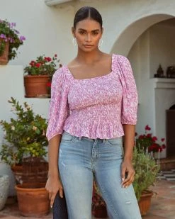 LUSH-001 Spring Blossom Smocked Printed Peplum Top - Pink/White - SALE