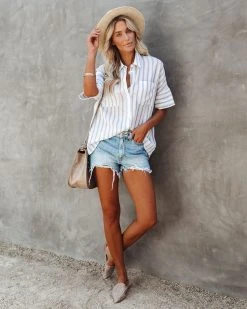 BY T-001 Stan Cotton Striped Button Down Top - LAST CHANCE