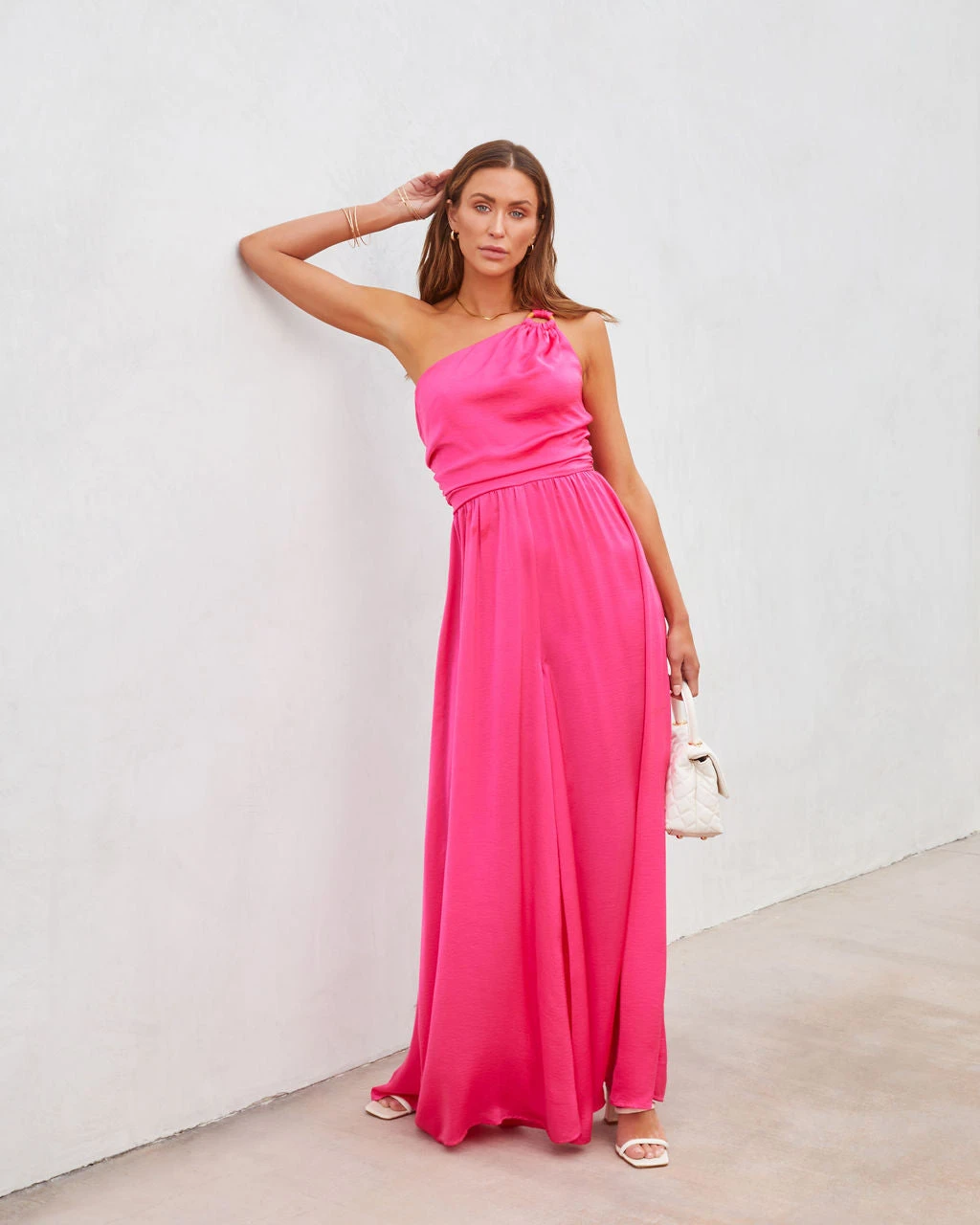 AAKA-001 Taliyah Satin One Shoulder Wide Leg Jumpsuit - Fuchsia - SALE