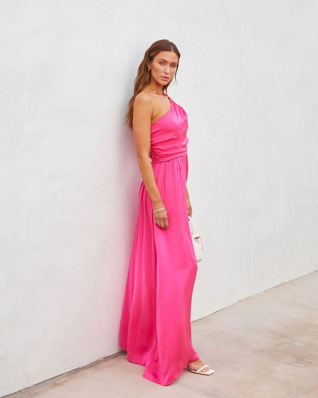 AAKA-001 Taliyah Satin One Shoulder Wide Leg Jumpsuit - Fuchsia - SALE - Image 5