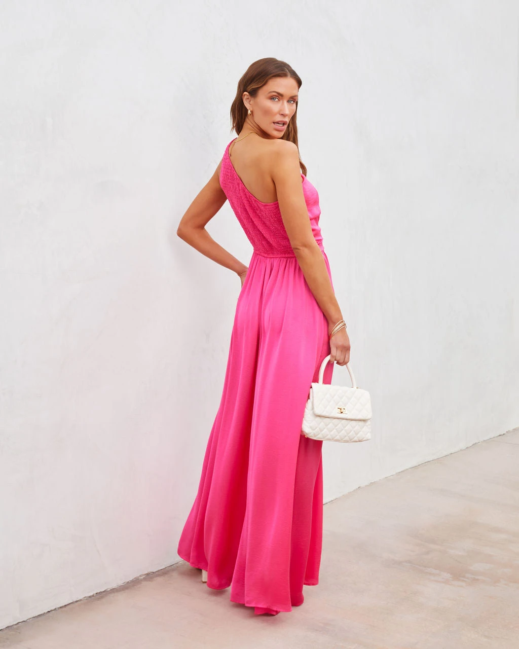 AAKA-001 Taliyah Satin One Shoulder Wide Leg Jumpsuit - Fuchsia - SALE - Image 4