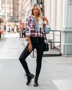 PROM-001 Thea Half Zip Acid Wash Plaid Top - FINAL SALE