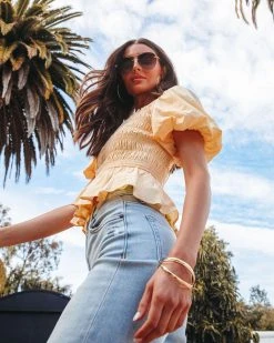 &MER-001 Trysta Cotton Smocked Peplum Top - Yellow - SALE