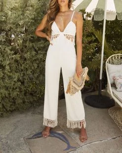 FORE-001 PREORDER - Tulum Adventures Tassel Trim Cutout Jumpsuit - Off White