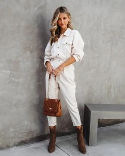 MABL-001 Understated Utility Cotton Pocketed Jumpsuit - Ecru - SALE