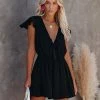 AAKA-001 Untangled Satin Ruffle Tie Romper - Black - FINAL SALE