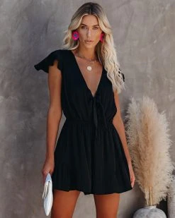 AAKA-001 Untangled Satin Ruffle Tie Romper - Black - FINAL SALE