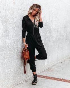 LOVE-003 Vander Pocketed Hooded Knit Jumpsuit - Black - FINAL SALE