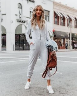 LOVE-003 Vander Pocketed Hooded Knit Jumpsuit - Light Grey - FINAL SALE