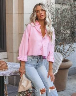 ENTR-001 Viana Linen Blend Button Down Crop Top - Light Pink - FINAL SALE