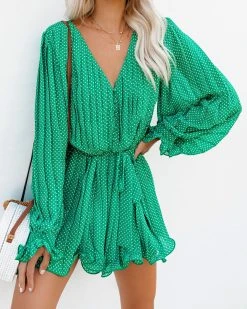 ENDL-001 Viera Polka Dot Pleated Romper - Green - FINAL SALE