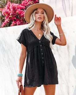 MIOU-001 Vincent Cotton Blend Pocketed Button Down Romper - Black