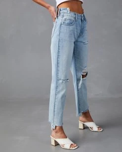 HIDD-002 Keep Looking High Waisted Distressed Boyfriend Jeans - Light Wash