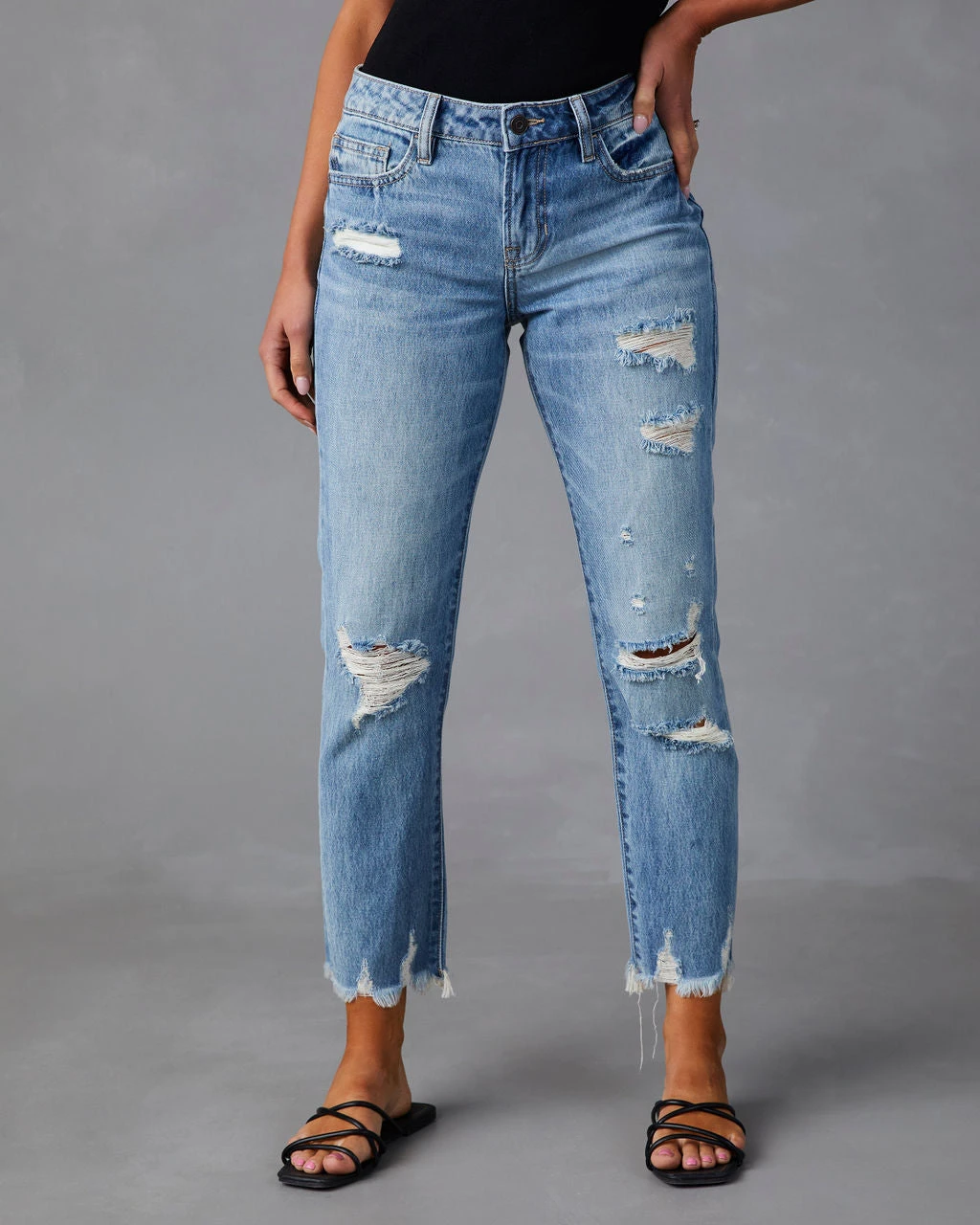 HIDD-002 Nila Mid Rise Distressed Boyfriend Jeans - Medium Wash