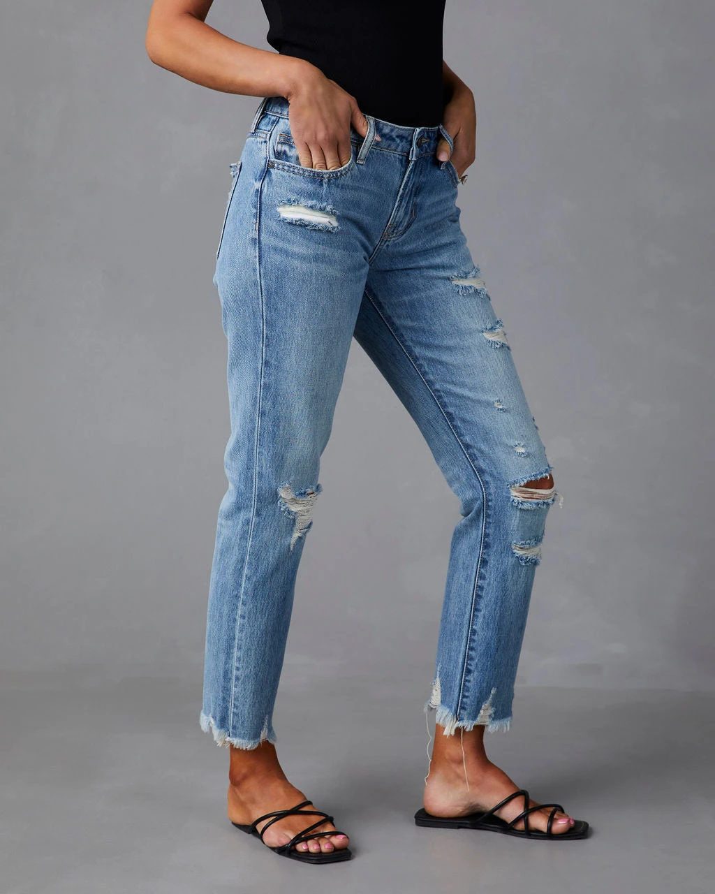 HIDD-002 Nila Mid Rise Distressed Boyfriend Jeans - Medium Wash - Image 6