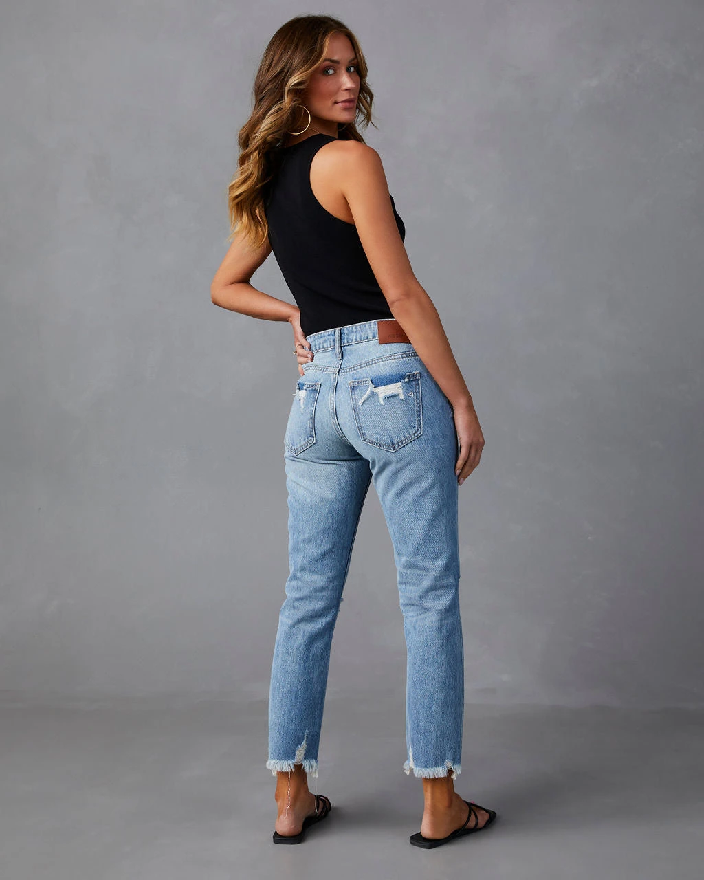 HIDD-002 Nila Mid Rise Distressed Boyfriend Jeans - Medium Wash - Image 5