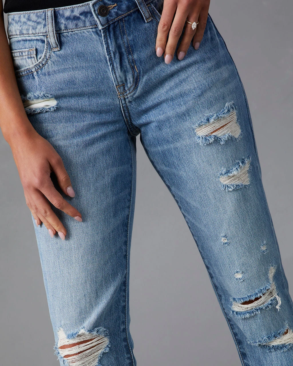 HIDD-002 Nila Mid Rise Distressed Boyfriend Jeans - Medium Wash - Image 3