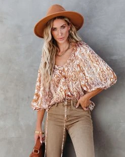 TYCH-001 Wynnona Printed Lightweight Blouse - Caramel - FINAL SALE