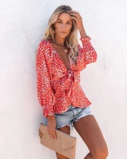 FLAW-001 Zilla Floral Smocked Tie Blouse - Candy Apple - FINAL SALE